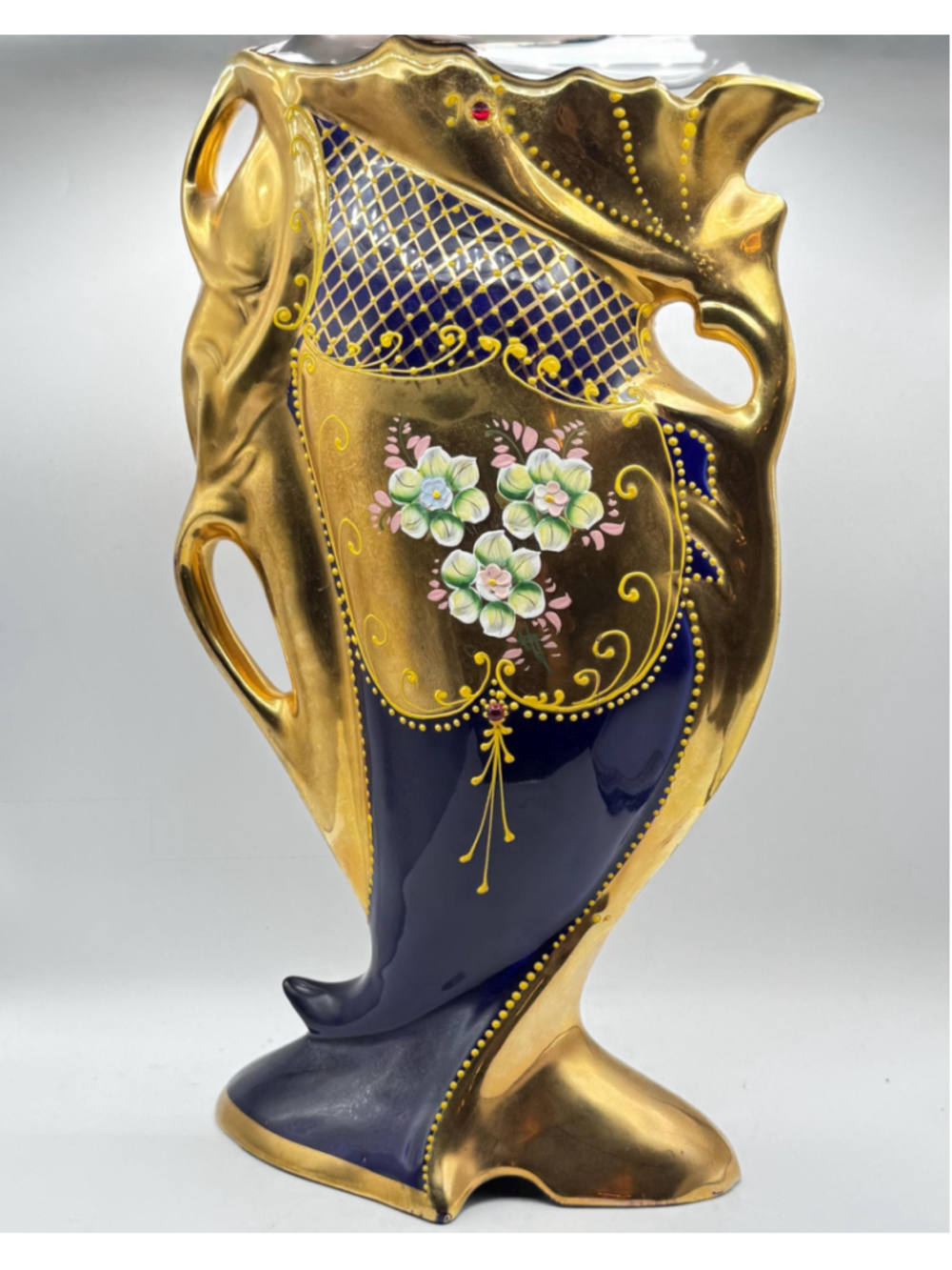 Vintage Italian Art Nouveau Vase – Cobalt Blue Gold Gilt Ceramic, Raised Flowers